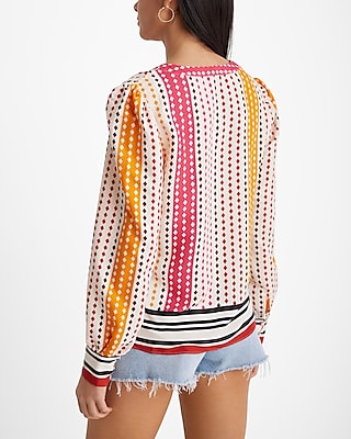 Printed V-Neck Long Sleeve Gathered Front Top