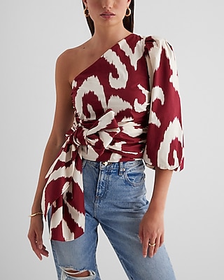 Printed One Shoulder Tie Waist Top