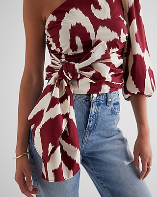 Printed One Shoulder Tie Waist Top