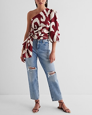 Printed One Shoulder Tie Waist Top