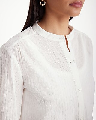 Textured Button Up Balloon Sleeve Shirt
