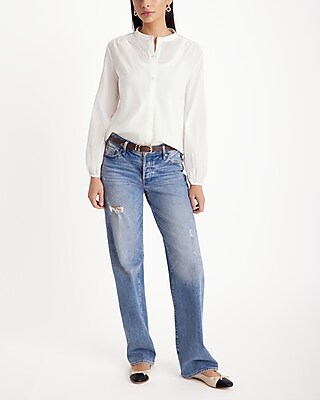 Textured Button Up Balloon Sleeve Shirt