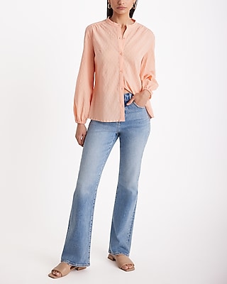 Textured Button Up Balloon Sleeve Shirt