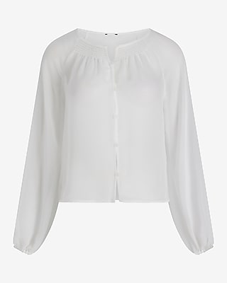 Sheer Smocked Balloon Sleeve Button Up Shirt