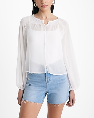 Sheer Smocked Balloon Sleeve Button Up Shirt Women's