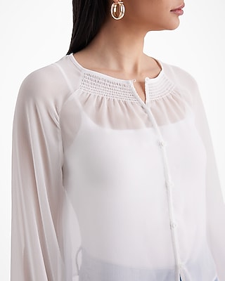 Sheer Smocked Balloon Sleeve Button Up Shirt