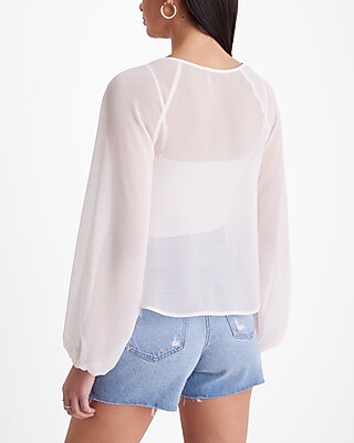 Sheer Smocked Balloon Sleeve Button Up Shirt