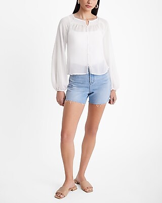 Sheer Smocked Balloon Sleeve Button Up Shirt