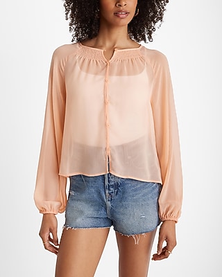 Sheer Smocked Balloon Sleeve Button Up Shirt | Express