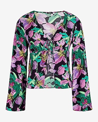 Floral V-Neck Kimono Sleeve Double Tie Front Top