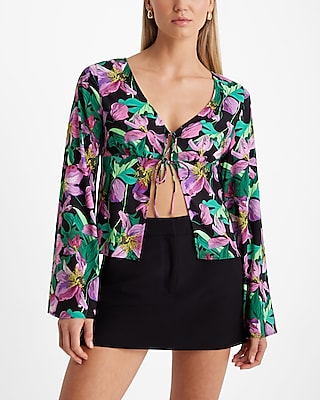 Floral V-Neck Kimono Sleeve Double Tie Front Top