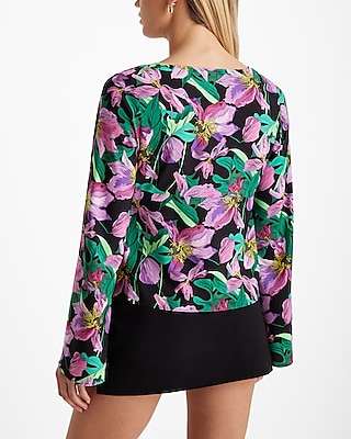 Floral V-Neck Kimono Sleeve Double Tie Front Top