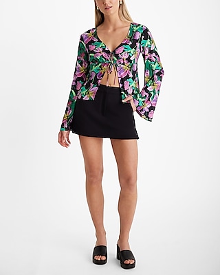 Floral V-Neck Kimono Sleeve Double Tie Front Top