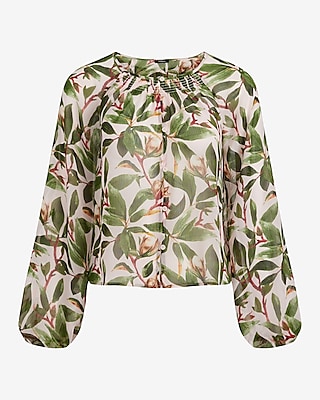 Floral Sheer Smocked Balloon Sleeve Button Up Shirt