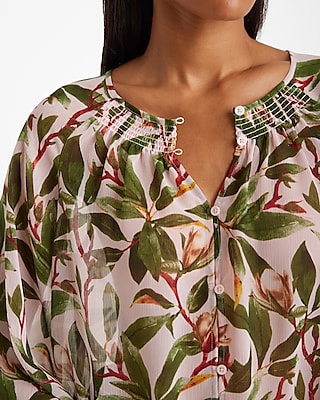 Floral Sheer Smocked Balloon Sleeve Button Up Shirt