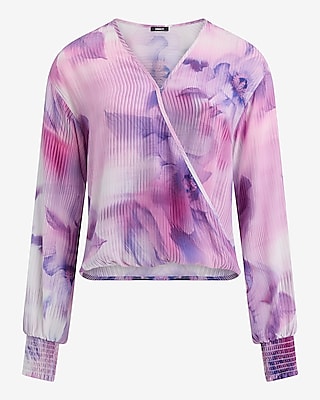 Printed V-Neck Long Sleeve Surplice Top