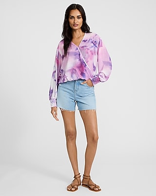 Printed V-Neck Long Sleeve Surplice Top