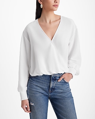 V-Neck Balloon Sleeve Faux Wrap Top