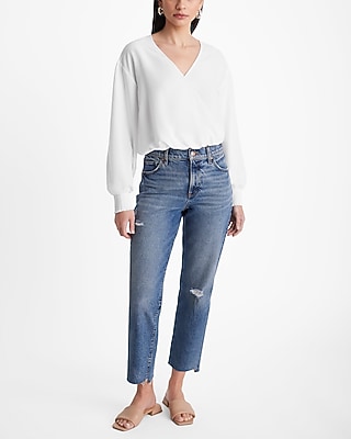 V-Neck Balloon Sleeve Faux Wrap Top