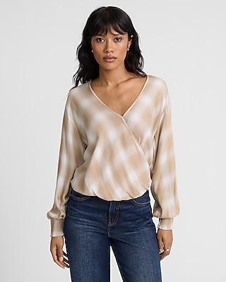 Plaid V-Neck Long Sleeve Surplice Top