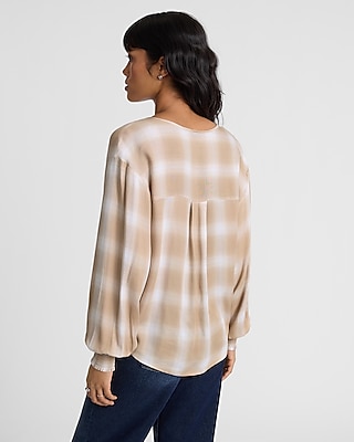 Plaid V-Neck Long Sleeve Surplice Top