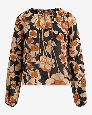 Floral Tie V-Neck Long Sleeve Blouse