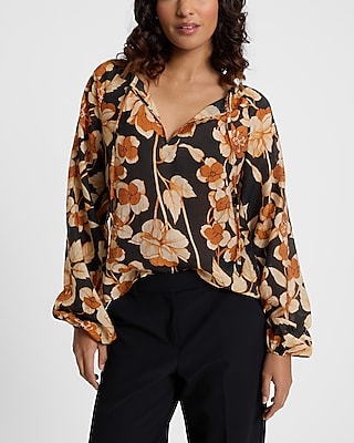 Floral Tie V-Neck Long Sleeve Blouse