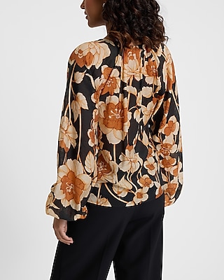 Floral Tie V-Neck Long Sleeve Blouse