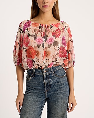 Floral Puff Sleeve Tie Front Top