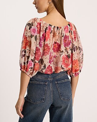 Floral Puff Sleeve Tie Front Top