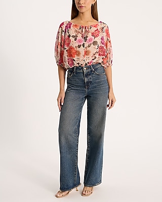 Floral Puff Sleeve Tie Front Top