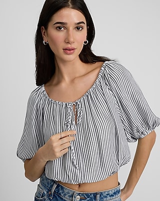 Striped Short Sleeve Tie Front Cropped Top