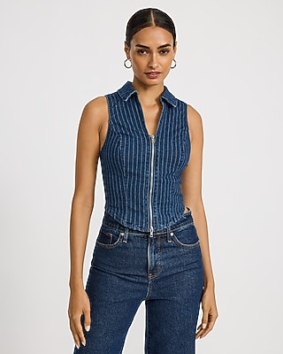 Denim Striped Zip Front Cropped Tank