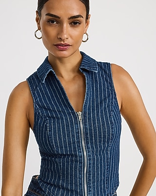 Denim Striped Zip Front Cropped Tank