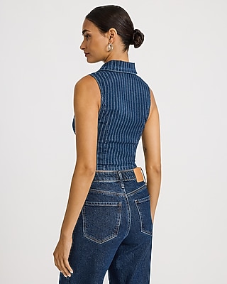 Denim Striped Zip Front Cropped Tank
