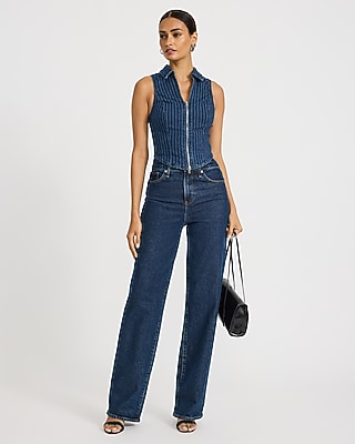 Denim Striped Zip Front Cropped Tank