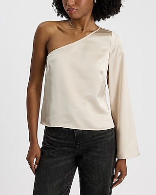 Satin One Shoulder Bell Sleeve Top | Express