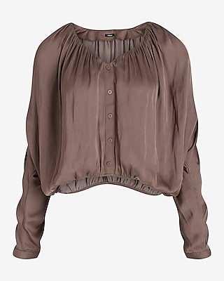 Satin V-Neck Ruched Sleeve Button Up Shirt