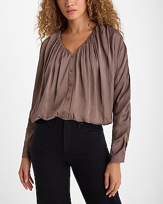 Satin V-Neck Ruched Sleeve Button Up Shirt