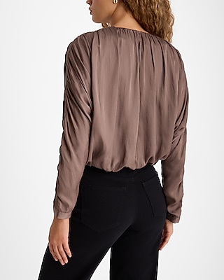 Satin V-Neck Ruched Sleeve Button Up Shirt