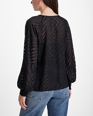 Striped Sheer Crew Neck Balloon Sleeve Front Cutout Top