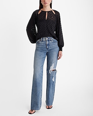 Striped Sheer Crew Neck Balloon Sleeve Front Cutout Top