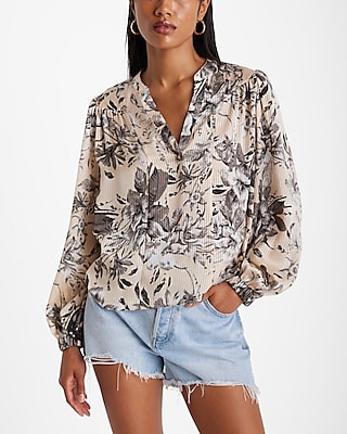 Satin Striped Floral V-Neck Balloon Sleeve Top