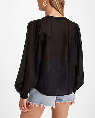 Sheer V-Neck Balloon Sleeve Gathered Front Top