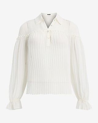 Sheer Collared Long Sleeve Pleated Top