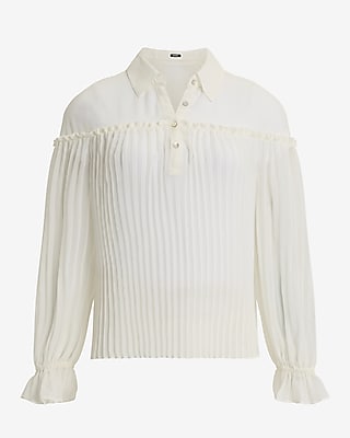 Sheer Collared Long Sleeve Pleated Top