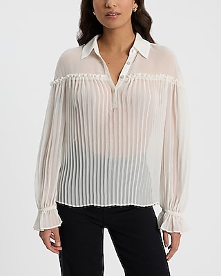 Sheer Collared Long Sleeve Pleated Top