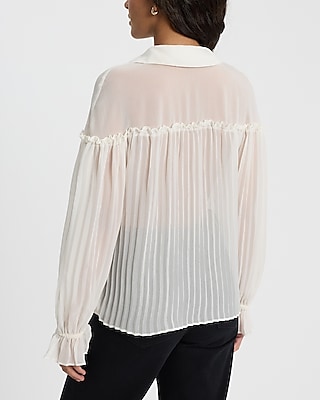 Sheer Collared Long Sleeve Pleated Top