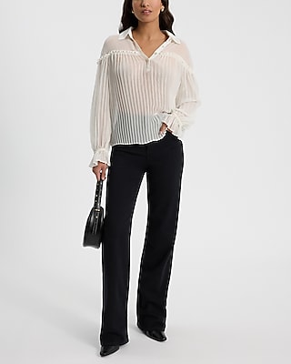 Sheer Collared Long Sleeve Pleated Top