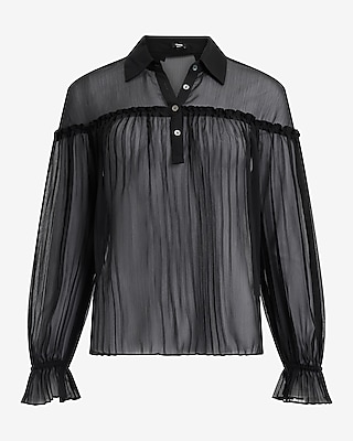 Sheer Collared Long Sleeve Pleated Top